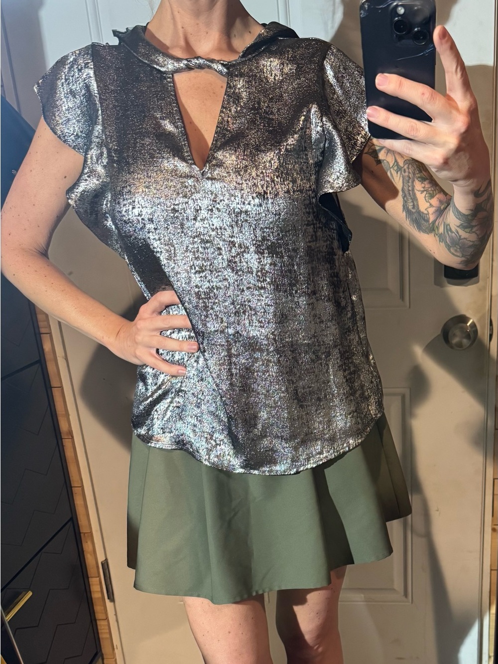 Worthington Metallic Silver Flutter-Sleeve V-Neck Top